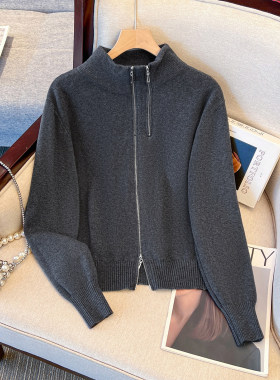 灰色毛衣半高领针织内搭打底衫女2026秋冬新款立领拉链外套可外穿