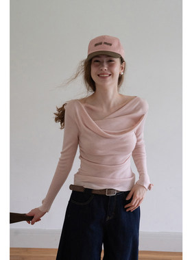 EGGKA法式荡领长袖一字肩粉色针织衫女春季收腰气质显瘦温柔上衣