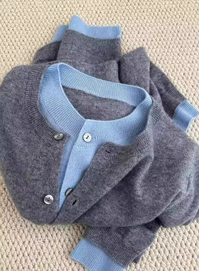 灰色拼接撞色假两件针织开衫外套秋冬独特别致软糯内搭打底上衣女