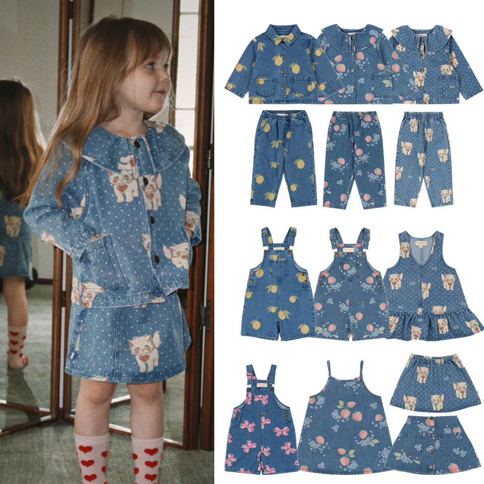 2026KS童装春夏女童牛仔外套小猫印花休闲长裤草莓吊带裙背带短裤