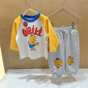 现货男女童长袖插肩T恤儿童春款可爱小鸭上衣象牙白拼黄色打底衫