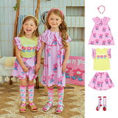 BE童装 黄色荷叶边袖 T恤短裤 女童粉色印花压褶翻领连衣裙韩版 套装