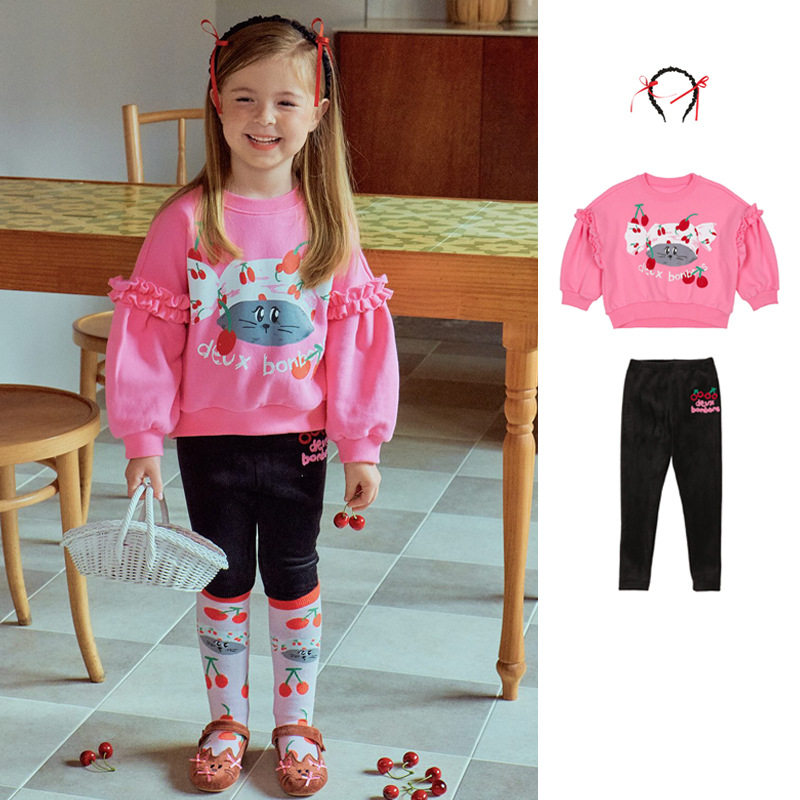 现货韩版BE童装女童粉色樱桃小猫印花卫衣儿童可爱黑色打底裤套装,童装/婴儿装/亲子装,套装,淘宝优惠券,粉丝福利购,淘宝优惠卷