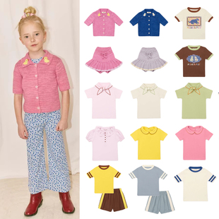 26MP春夏新款女童蝴蝶结短袖T恤儿童翻领针织衫休闲上衣裙子套装