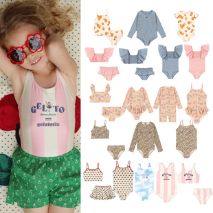 2026KS女童长袖 女宝吊带泳衣 豹纹格子花边泳衣儿童户外游水运动装