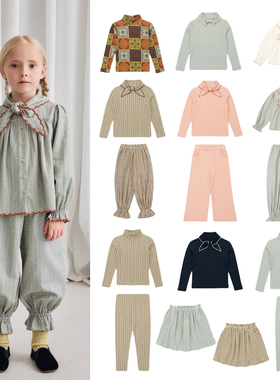 女童蝴蝶结花边领竖条小花衬衫2025秋冬MP中高领打底T恤裤子套装