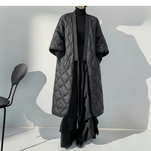 暗黑风菱形格中长款棉服女开衫斗篷过膝显瘦棉衣外套高级感山本风