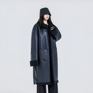 黑色长款过膝皮毛一体风衣女加绒加厚宽松廓形保暖棉服大衣外套