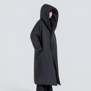 RaoWu 赫本风极简风长款过膝连帽棉服女黑色廓形斗篷外套冬季保暖