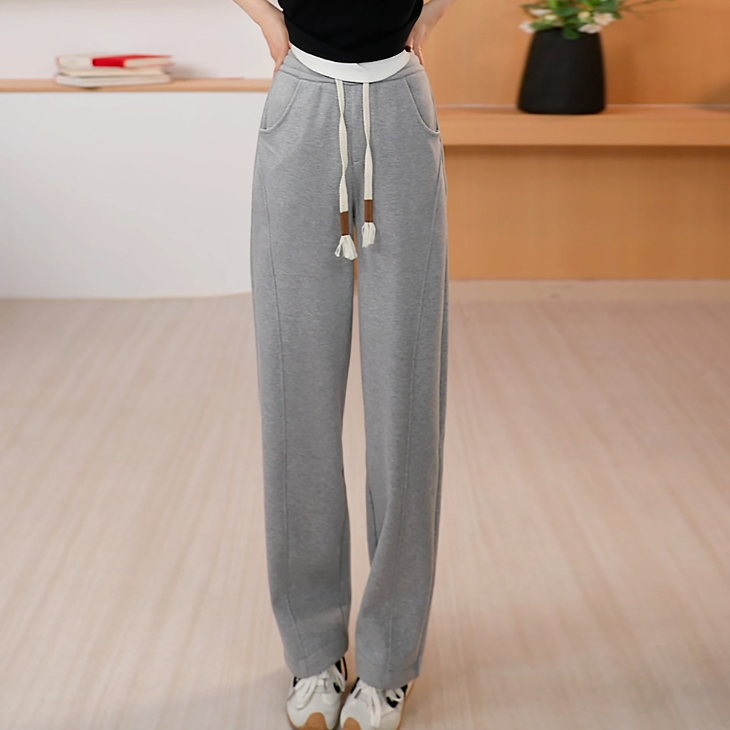 灰色松紧腰抽绳窄版直筒香蕉裤