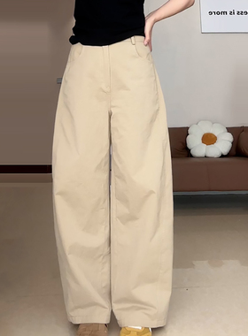 Ader卡其色弯刀休闲裤女2026春季新款时尚高腰宽松百搭显瘦长裤子