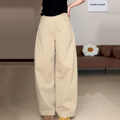 时尚高腰宽松卡其色弯刀休闲裤女