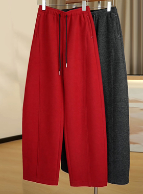 Ader加绒厚款绵羊毛休闲裤女2026春季新款百搭简约高腰宽松弯刀裤