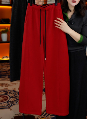 Ader休闲裤女2026春季新款松紧腰抽绳红色运动宽松阔腿垂感弯刀裤