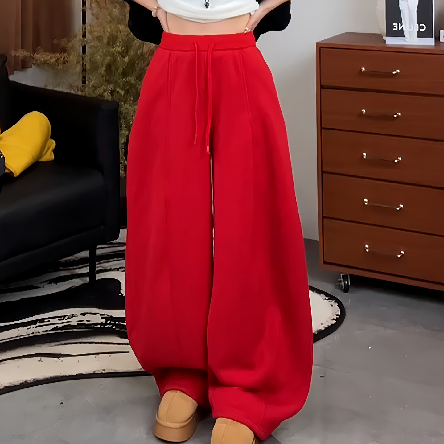 Ader红色加绒加厚阔腿运动卫裤女2025冬季新款宽松舒适休闲弯刀裤,女装/女士精品,大码裤装,淘宝优惠券,粉丝福利购,淘宝优惠卷