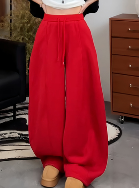 Ader红色加绒加厚阔腿运动卫裤女2025冬季新款宽松舒适休闲弯刀裤