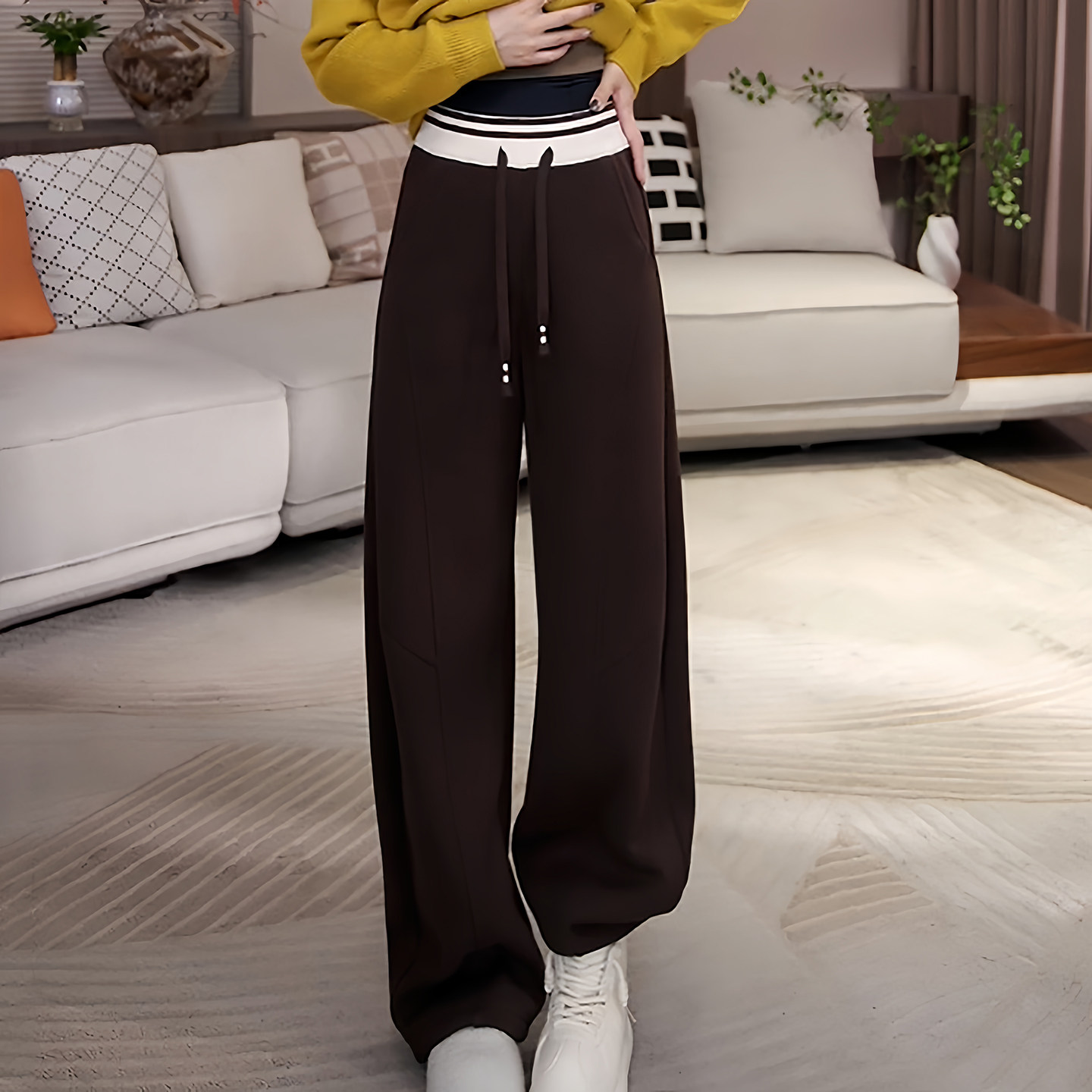 Ader拼色腰头抽绳加绒加厚运动卫裤女2025冬季新款百搭显瘦香蕉裤,女装/女士精品,大码裤装,淘宝优惠券,粉丝福利购,淘宝优惠卷