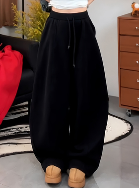 Ader加绒加厚运动阔腿弯刀卫裤女2025冬季新款黑色百搭显瘦休闲裤