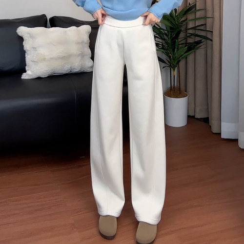 白色醋酸羊毛加绒阔腿弯刀休闲裤