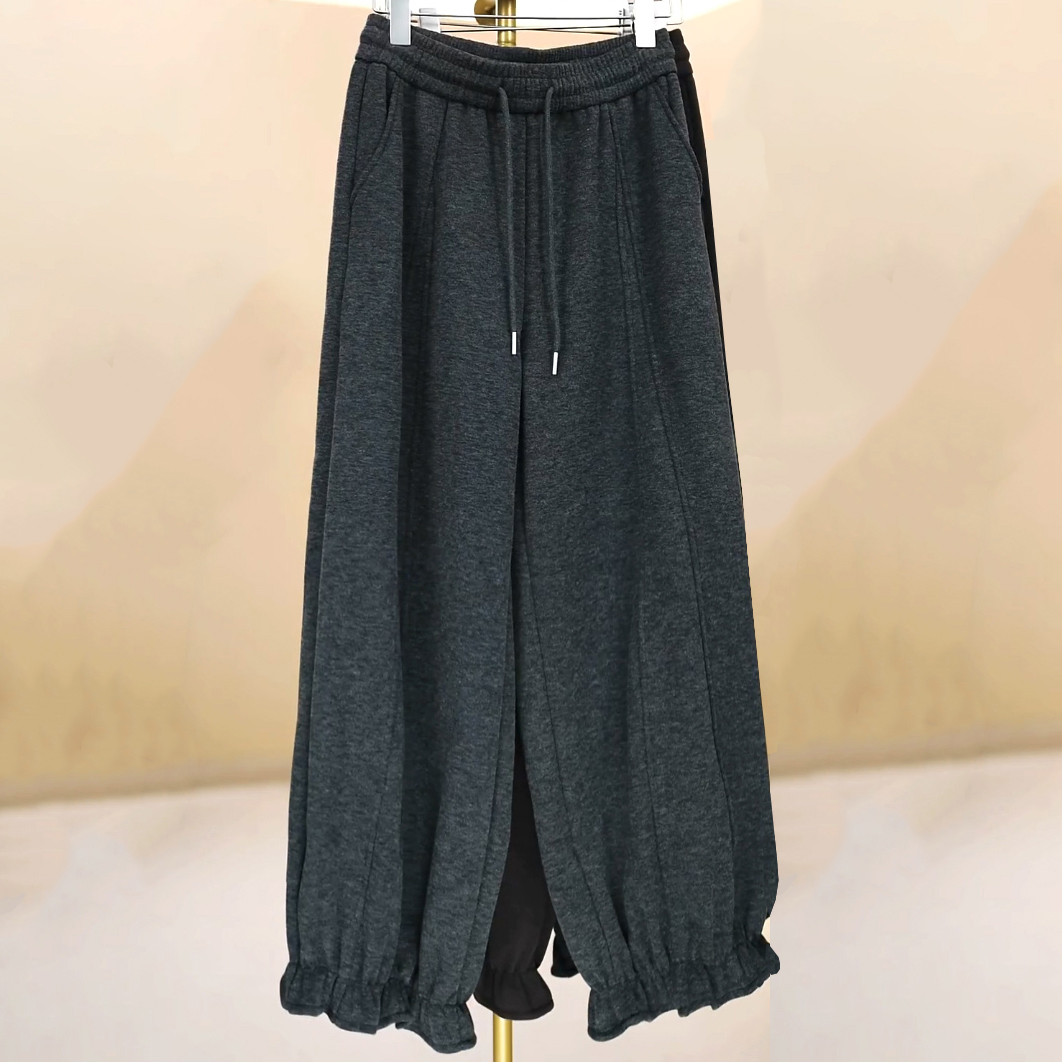 加绒加厚木耳边阔腿垂感灯笼裤女