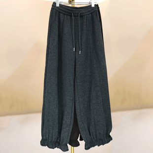 Ader毛呢九分花苞裤女2025秋冬新款加绒加厚木耳边阔腿垂感灯笼裤