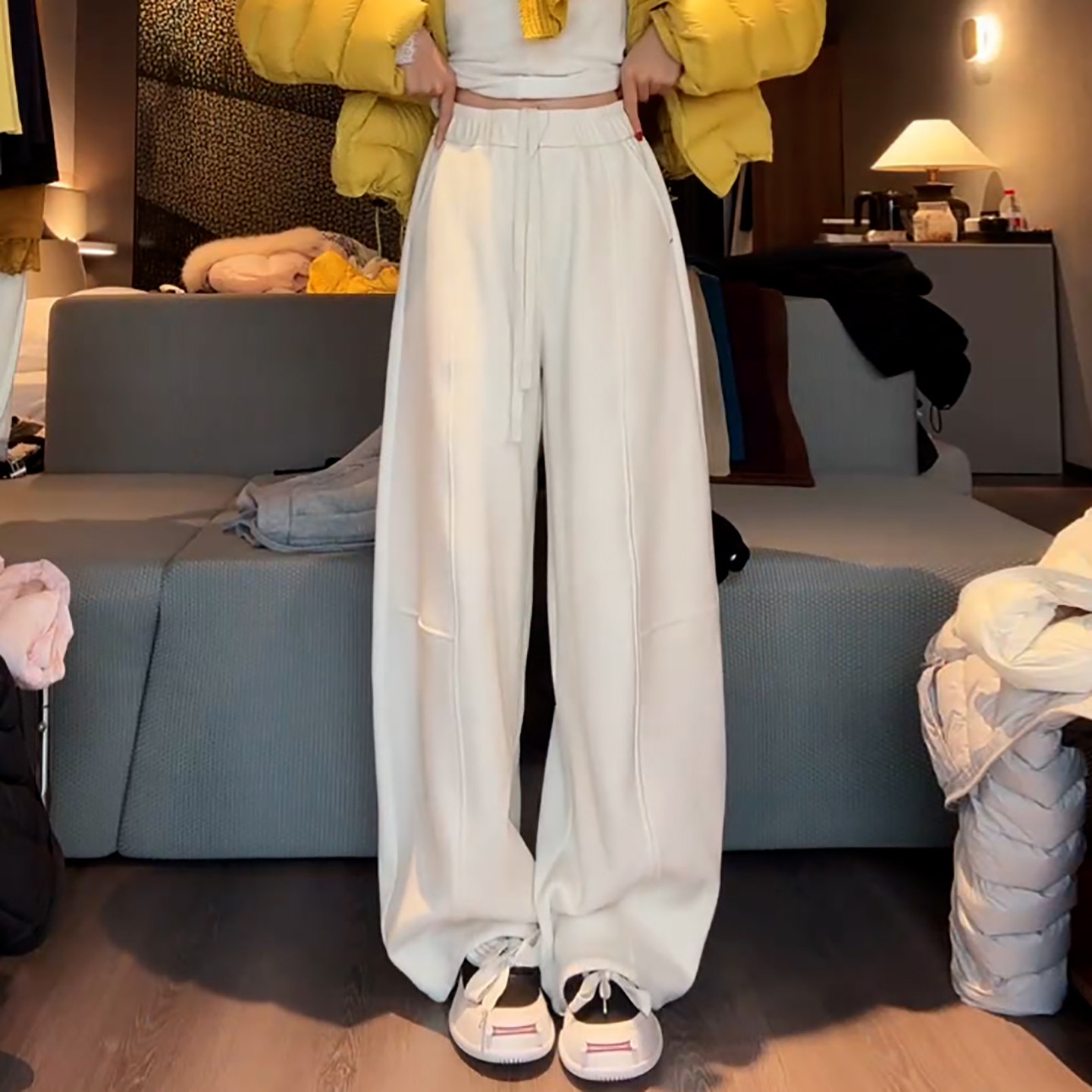 Ader松紧腰抽绳加绒加厚运动休闲卫裤2025冬季新款阔腿百搭弯刀裤,女装/女士精品,大码裤装,淘宝优惠券,粉丝福利购,淘宝优惠卷