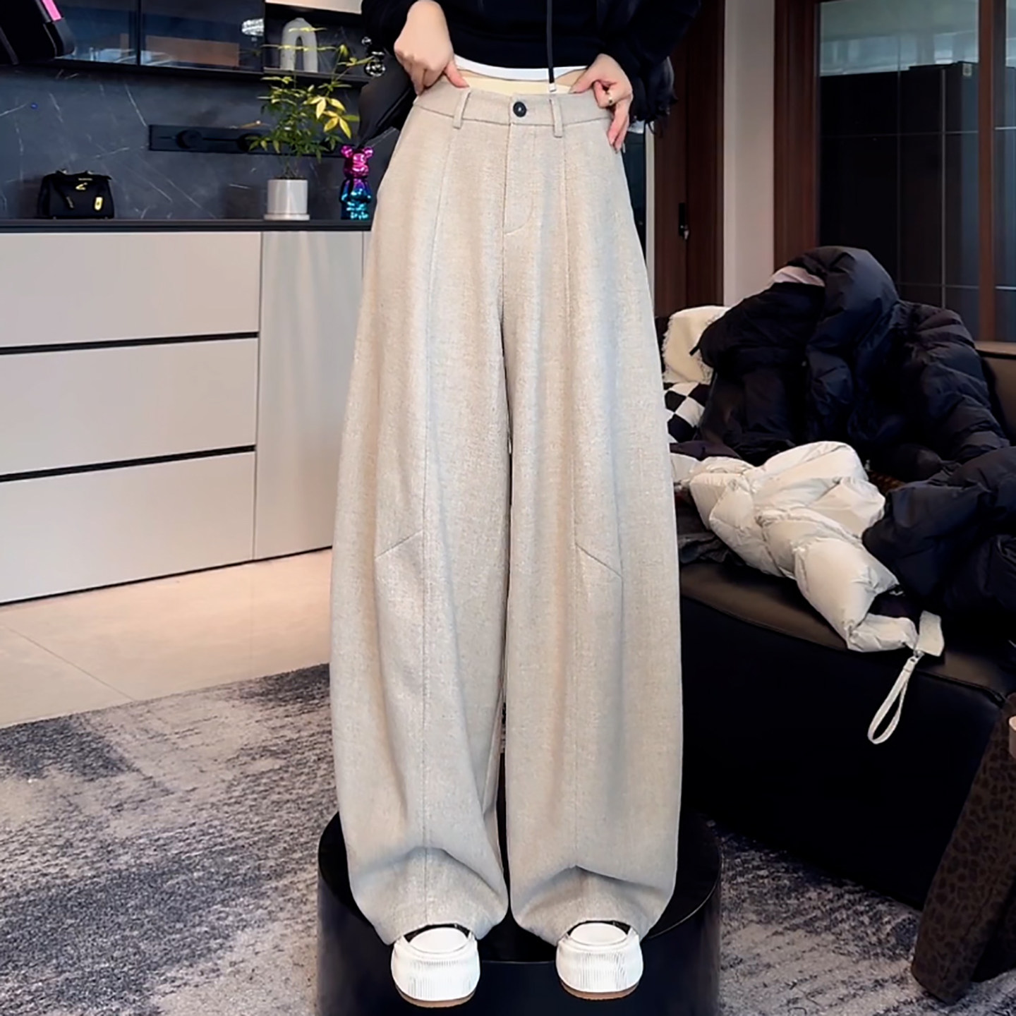 慵懒风加绒毛呢时尚百搭阔腿裤