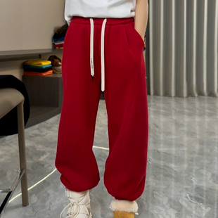 宽松阔腿保暖休闲裤 新款 女2025冬季 Ader红色加绒加厚运动束脚卫裤