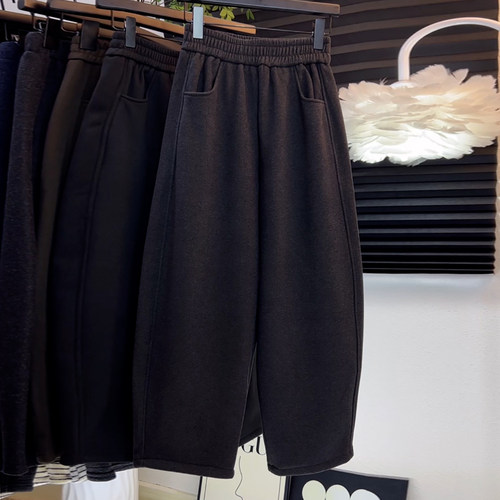 黑灰色九分阔腿百搭加绒弯刀裤