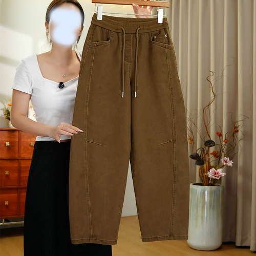 复古松弛高腰抽绳显瘦阔腿弯刀裤