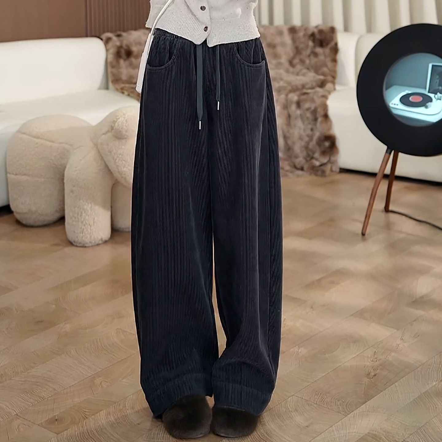 Ader灰色灯芯绒加绒阔腿裤女2025冬季新款高腰百搭显瘦保暖休闲裤,女装/女士精品,大码裤装,淘宝优惠券,粉丝福利购,淘宝优惠卷