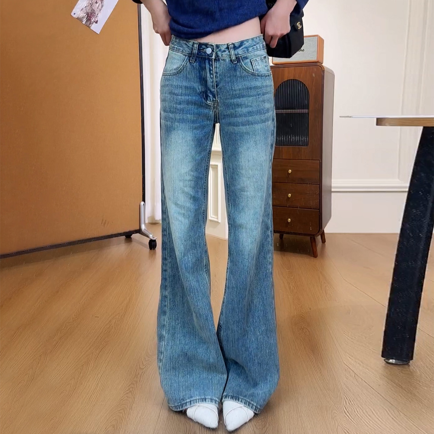 Ader美式复古水洗微喇牛仔裤女2026秋季新款辣妹风遮肉显瘦阔腿裤