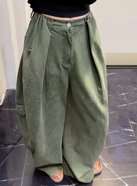 Ader时尚潮流宽松阔腿工装裤女2025秋季新款复古军绿色拖地休闲裤