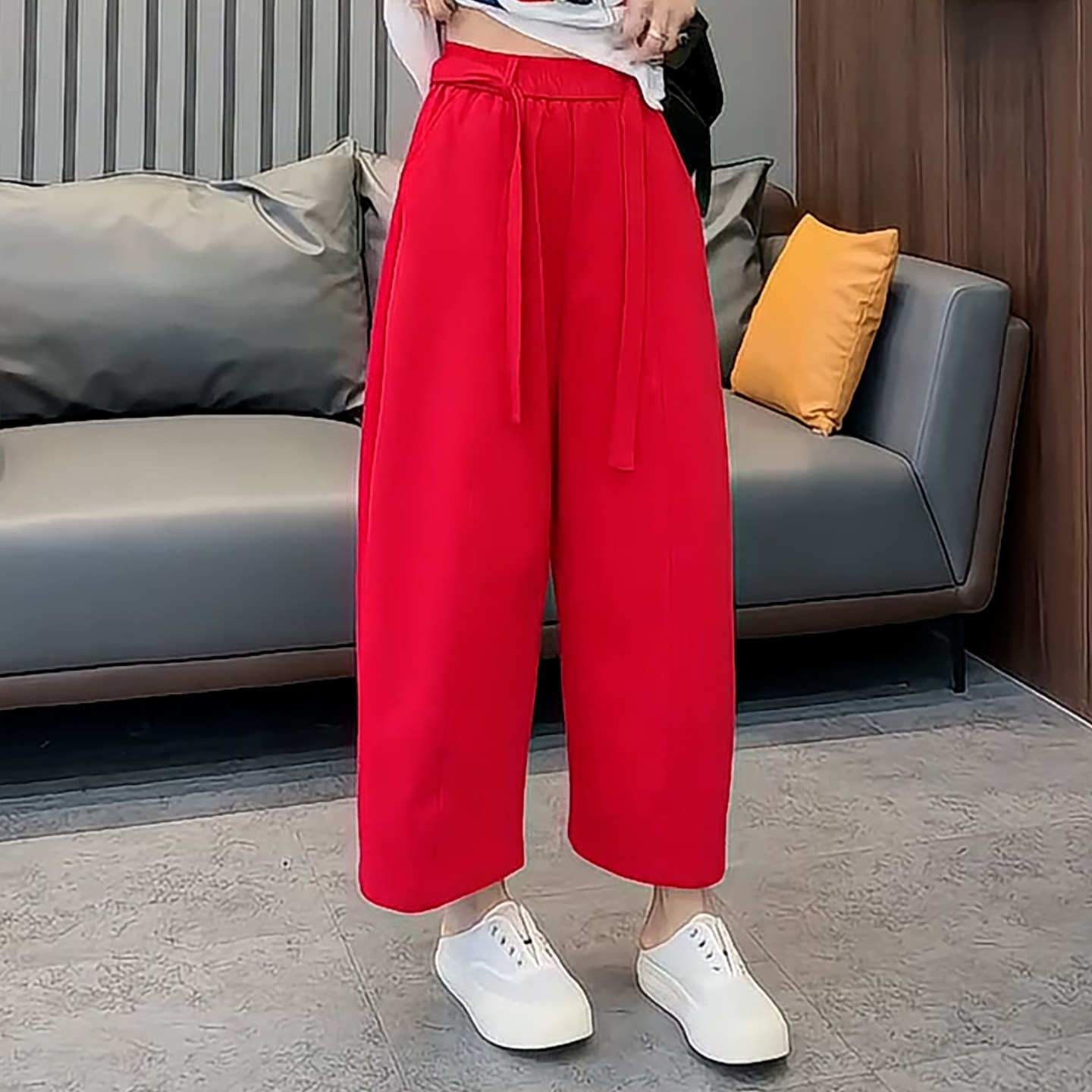 Ader高级红色八分休闲裤女2026夏季新款高腰藏肉随性简约百搭裤子