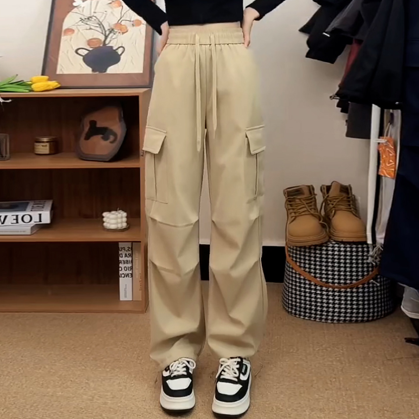 Ader松紧腰抽绳工装裤女2026春季新款时尚百搭高腰宽松直筒休闲裤,女装/女士精品,大码裤装,淘宝优惠券,粉丝福利购,淘宝优惠卷