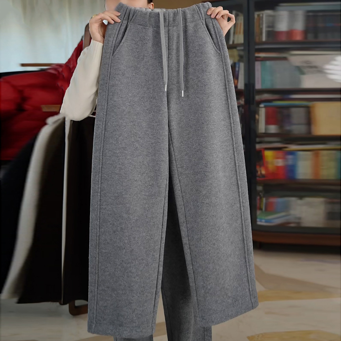 加绒保暖绵羊毛窄版直筒弯刀裤