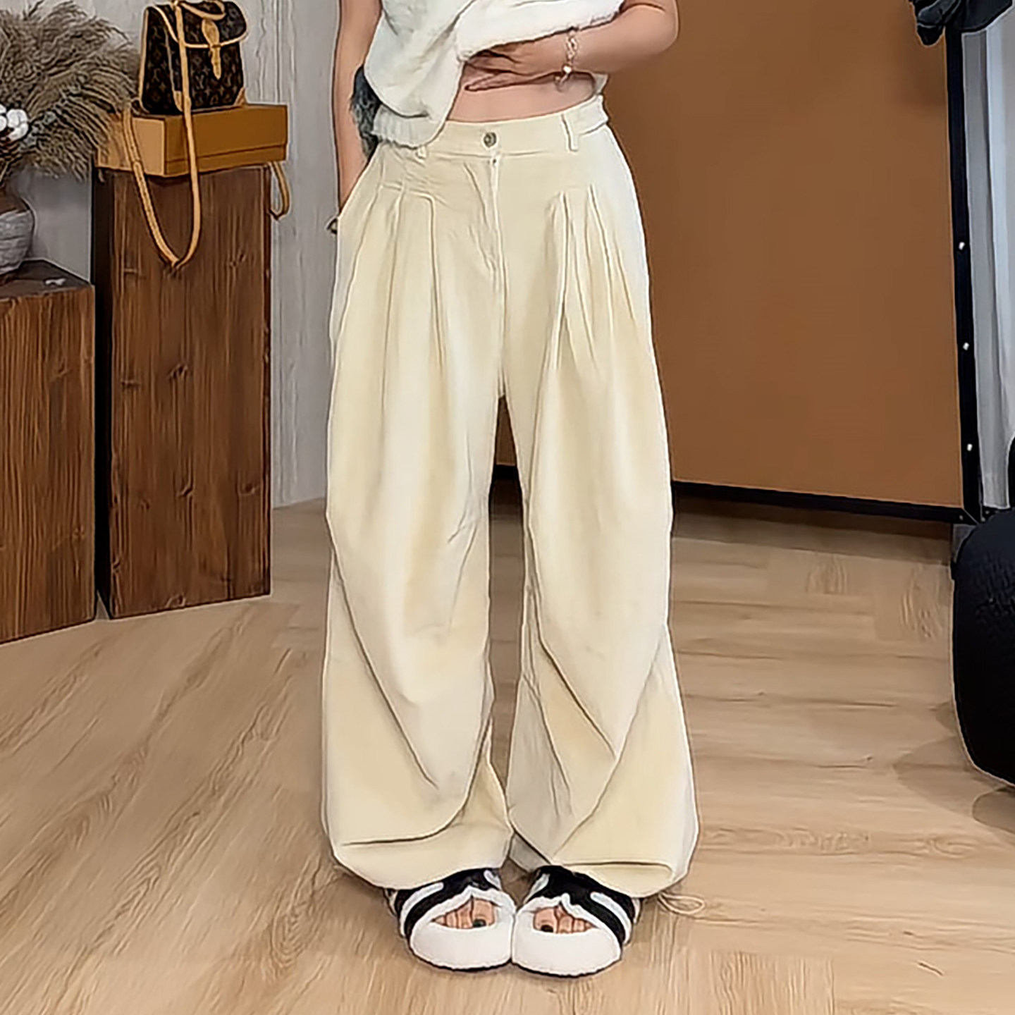 Ader温柔百搭高腰垂感阔腿裤女2026秋冬新款遮肉显瘦宽松束脚裤子