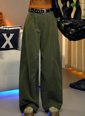 Ader军绿色阔腿裤女2025秋季新款时尚百搭高腰宽松直筒工装休闲裤