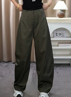 Ader军绿色弯刀速干工装裤女2026新款高腰宽松阔腿百搭显瘦休闲裤