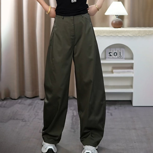 军绿色阔腿百搭显瘦弯刀工装裤女