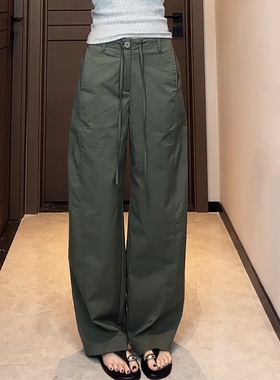 Ader军绿色休闲裤女2026春季新款时尚气质百搭高腰显瘦阔腿弯刀裤