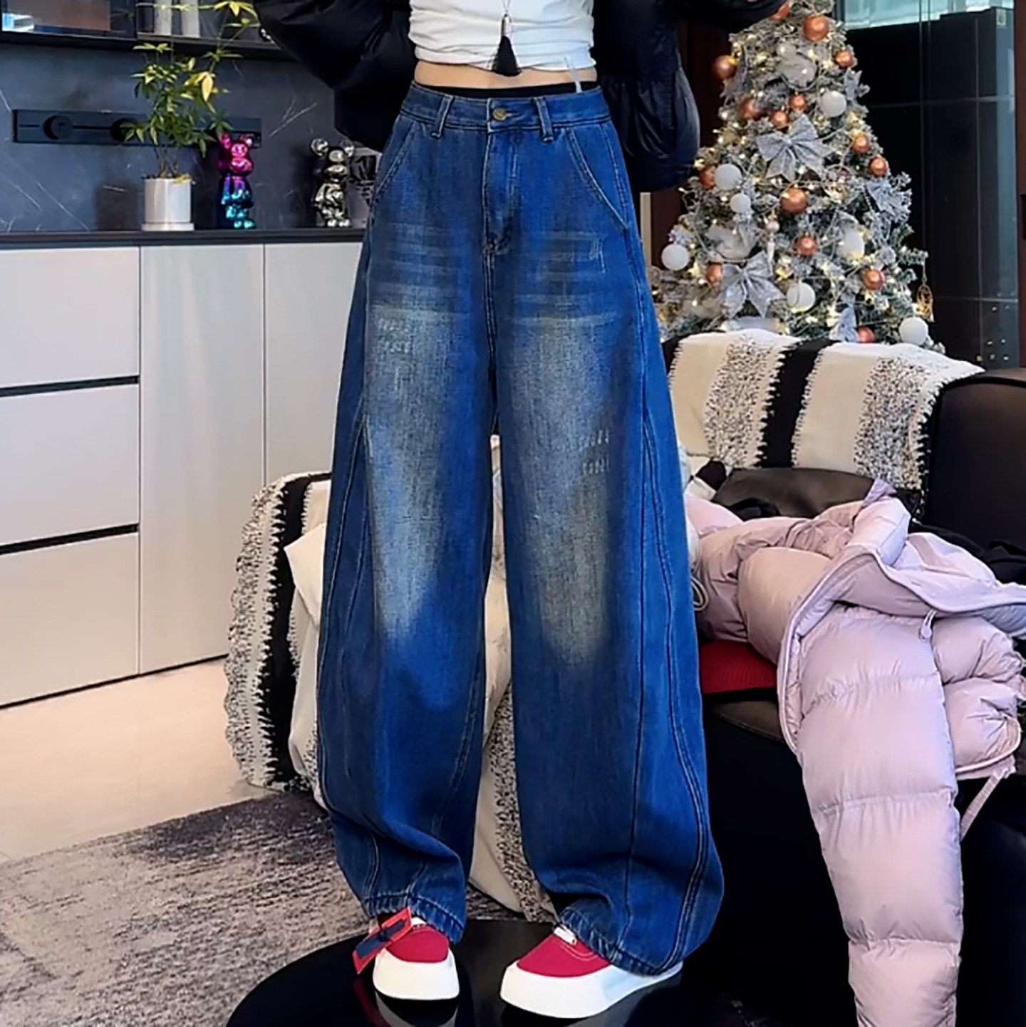 Ader加绒水洗牛仔裤女2025冬季新款高腰宽松百搭显瘦阔腿弯刀裤潮,女装/女士精品,大码裤装,淘宝优惠券,粉丝福利购,淘宝优惠卷