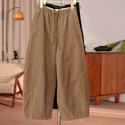 灯芯绒加绒九分阔腿减龄弯刀裤