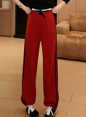 Ader红色加绒运动卫裤女2025冬季新款高腰宽松竖条纹可束脚休闲裤