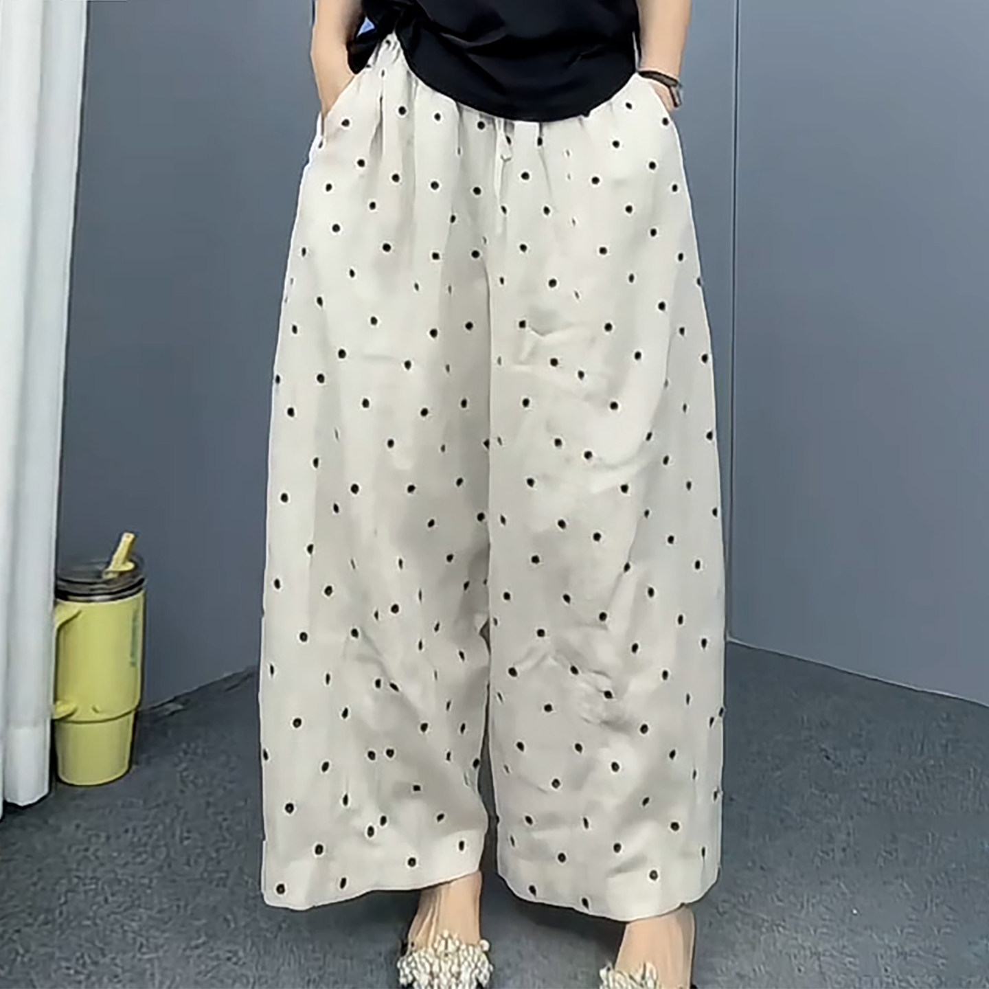 Ader时尚亚麻波点九分休闲裤女2026夏季新款慵懒风舒适松弛阔腿裤