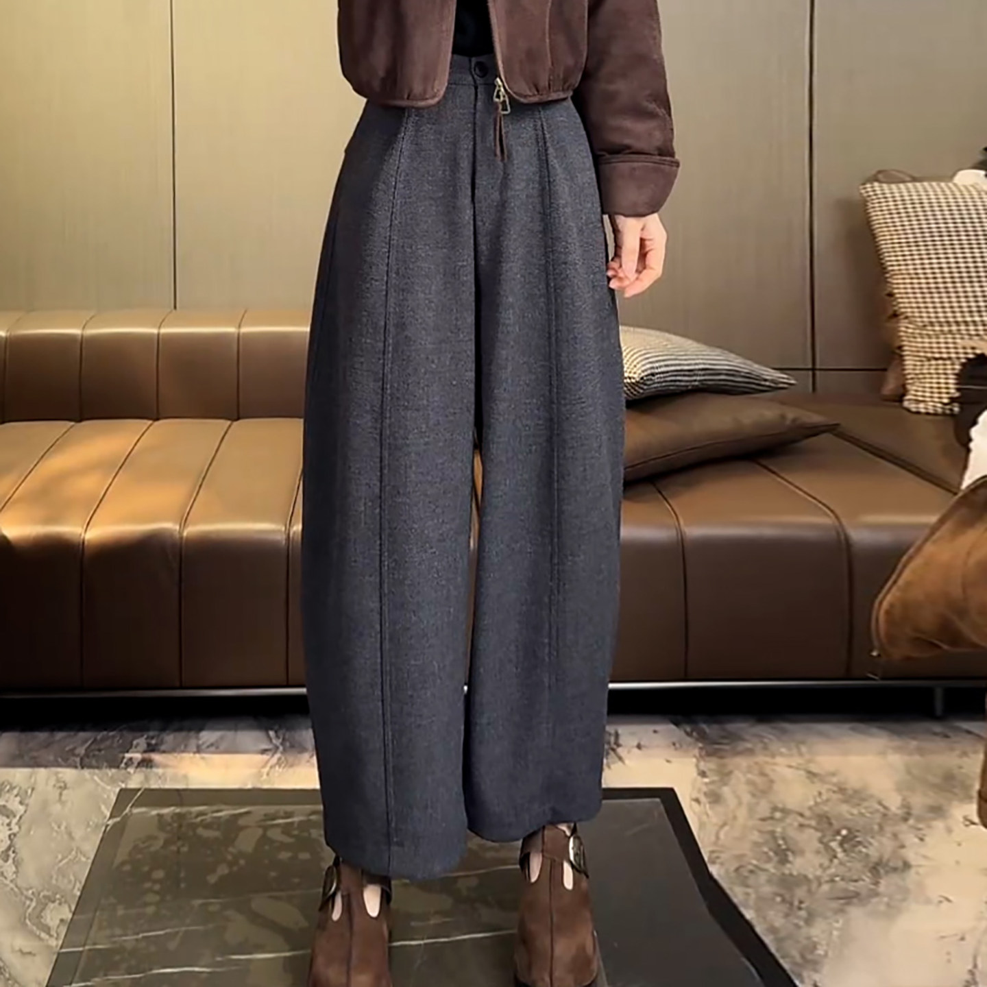 Ader九分加绒加厚保暖休闲裤2025冬季新款简约垂感百搭显瘦弯刀裤,女装/女士精品,大码裤装,淘宝优惠券,粉丝福利购,淘宝优惠卷