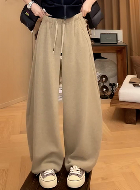 Ader卡其色松紧腰抽绳休闲裤女2025秋季新款时尚百搭显瘦阔腿裤潮