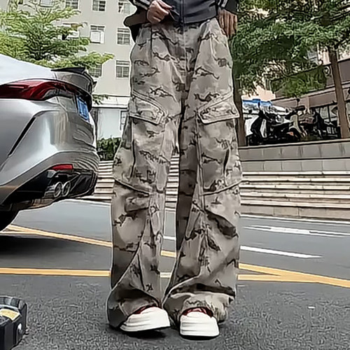 高街潮流时尚迷彩工装弯刀阔腿裤
