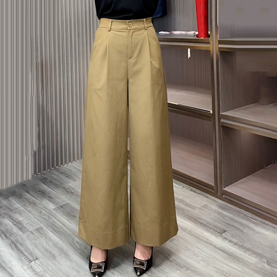 卡其色高腰气质九分直筒阔腿裤女
