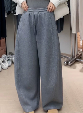 Ader灰色松紧腰抽绳阔腿弯刀裤女2025秋冬新款时尚百搭显瘦休闲裤